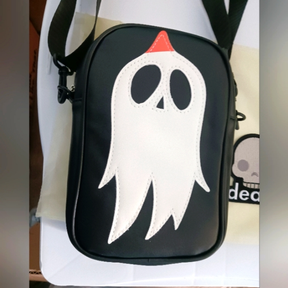 Ghost Black  Goth Crossbody Bag Vegan Leather Shoulder Bag+ Patch - Picture 2 of 16